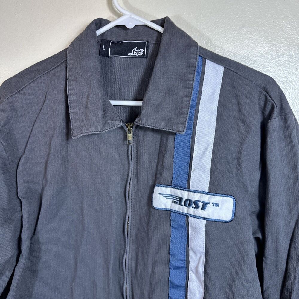 Men’s LOST Trucker Jacket Gray Y2K VTG Zip L Size Large